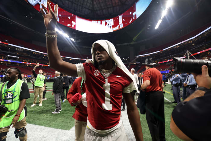 Alabama Crimson Tide defensive back Kool-Aid McKinstry (1) reacts after defeating the Georgia Bulldogs in the SEC championship game at Mercedes-Benz Stadium